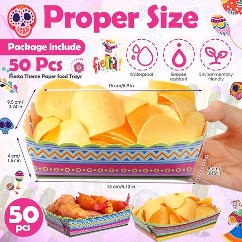 50 Pcs Mexican Paper Food Trays Fiesta Snack Trays Disposable Taco Food Boat Nacho Hot Dog Popcorn Serving Holder for Mexican Birthday Party Supplies Decorations(Flower) in Saudi Arabia