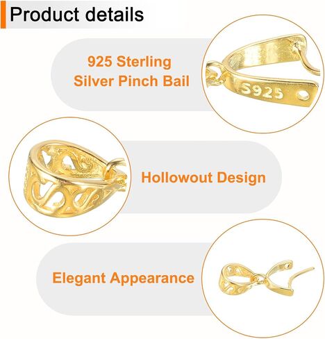uxcell 2Pcs 925 Sterling Silver Pinch Bail, 12mm Pendant Clasp Pendant Bail Connector Pinch Clip Bail Clasp for Jewelry Making Supplies Bracelet Necklace DIY Craft, Gold in Saudi Arabia