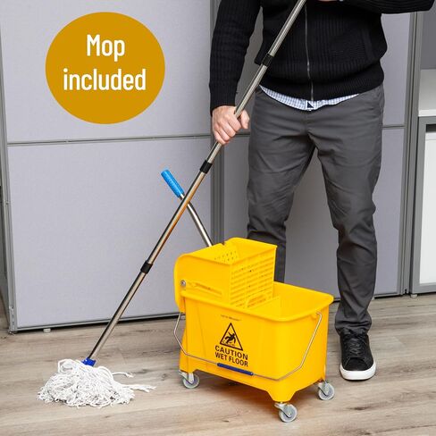 Mind Reader Mop Bucket with Wringer, 22 Qt (5.5 Gallon), Floor Cleaning, Handle, Wheels, 16.25"L x 10.75"W x 24.5"H, Yellow in Saudi Arabia