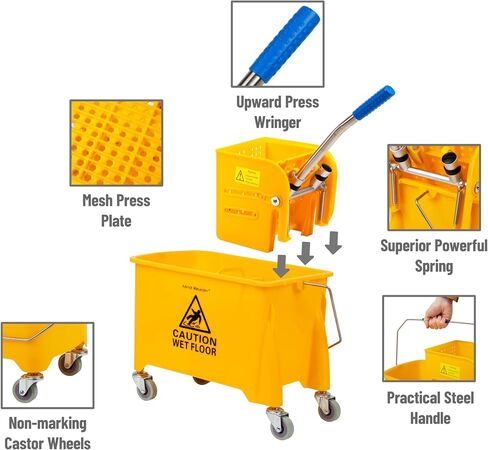Mind Reader Mop Bucket with Wringer, 22 Qt (5.5 Gallon), Floor Cleaning, Handle, Wheels, 16.25"L x 10.75"W x 24.5"H, Yellow in Saudi Arabia