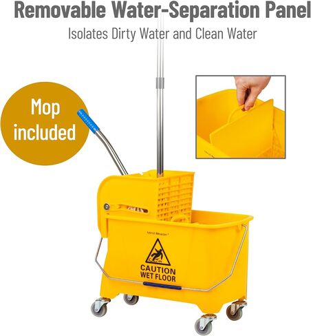 Mind Reader Mop Bucket with Wringer, 22 Qt (5.5 Gallon), Floor Cleaning, Handle, Wheels, 16.25"L x 10.75"W x 24.5"H, Yellow in Saudi Arabia