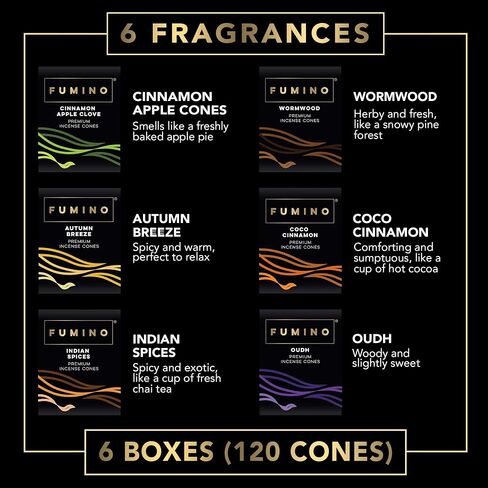 Fumino® Fresh Incense Cones Multipack Bundle 6 Boxes 120 Cones Masala Agarbatti Joss Scent Fragrance for Relaxation and Meditation, Home and House Décor in Kuwait