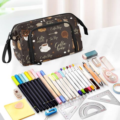 Tea Coffee Pencil Case Pouch Big Capacity Pencil Bag Box Organizer Pen Case Pencil Pouch Aesthetic with Handle for Girls Boys Adults Women School Office in Kuwait
