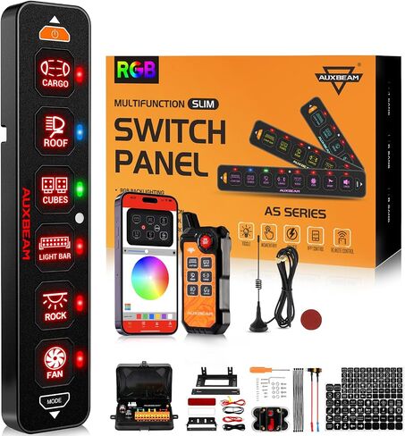 Auxbeam 6 Gang Slim Switch Panel Bluetooth RGB AS-600 with APP&Wireless Remote Control Toggle Momentary Pulsed Dimmable Switch Pod Backlit Off Switch Box for Offroad Truck Waterproof,2-Year Warranty in Saudi Arabia