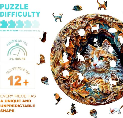 Wooden Puzzles for Adults, Unique Animal Shaped Cat Adult Puzzle, 3D Vision Wooden Jigsaw Puzzles Adult, Challenging Creative Gifts Family Games 8.5 * 8.5in 100pcs in Kuwait