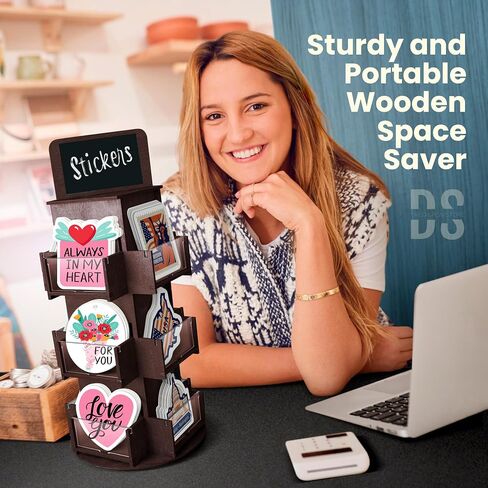 3 Tier Rotating Sticker Display Stand for Vendors, Black Wooden Countertop Organizer Shelf for Coasters, Retail, Showcase, Tradeshow in Saudi Arabia