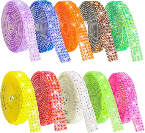 Jongdari Glitter Self Rhinestone Rhinestone Ribbon Tape ، ملصقات شرائط مبهرجة من الكريستال الزخرفية لحرف DIY ، 10 ألوان بعرض 9 ملم مجموع 10 ياردة in Kuwait