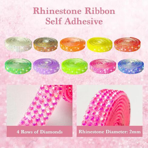 Jongdari Glitter Self Rhinestone Rhinestone Ribbon Tape ، ملصقات شرائط مبهرجة من الكريستال الزخرفية لحرف DIY ، 10 ألوان بعرض 9 ملم مجموع 10 ياردة in Kuwait