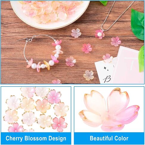 100pcs Cherry Blossom Floral Beads, Pink Gradient 5-Petal Acrylic Flower Charms, Gold-Plated Mini Spacers Beads for Bracelets Necklaces Earrings Jewelry Making in Saudi Arabia