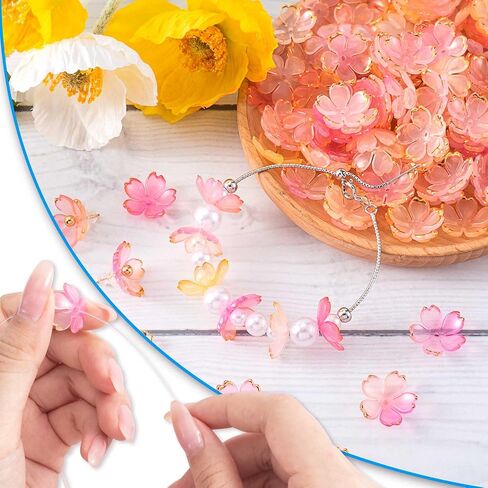 100pcs Cherry Blossom Floral Beads, Pink Gradient 5-Petal Acrylic Flower Charms, Gold-Plated Mini Spacers Beads for Bracelets Necklaces Earrings Jewelry Making in Saudi Arabia