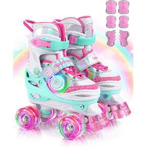 Kids Roller Skates, Girls Roller Skates with 4 Adjustable Sizes, Toddlers Roller Skate with 8 Side-Illuminated Flash LED Wheels, Illuminating Skating Shoes with Protective Gear Set for Ages 3-12