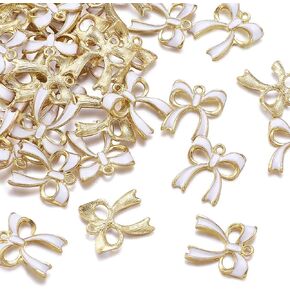 Pandahall 100pcs Bowknot Alloy Enamel Charms 19.5x17.5x3mm White Bowknot Gold Plated Dangle Charms for Jewelry Making Valentine's Day Accessories Wedding Favours Finding Supplies