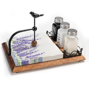 Charming Wooden Napkin Holder with Bird Design – Includes Space for Salt and Pepper Shakers – Multifunctional Black Napkin Holder for Table, Kitchen & Outdoor Use