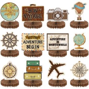 12pcs السفر تحت عنوان الحفلات الزخرفة قرص العسل المركزية Bon Voyage Decoration Decoration Adventure في انتظار الحفلات السفر على الطاولة العالمية أعلى القبعات لعيد ميلاد الطفل التقاعد