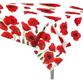 Lide Road Red Poppy Flowers Party Tablecloth 2 Pcs Spring Floral Plastic Tablecloth Saffron Table Cover for Red Poppy Flower Birthday Party Decorations, 54x87In