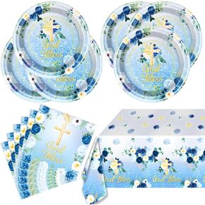 مجموعة أدوات المائدة المباركة الأزرق ، أول لوحات Compleion 20 و 20 مناديلًا و TableCloth51 '' X 86 '' ، لتزيين حزب كنيسة المعمودية حديثي الولادة