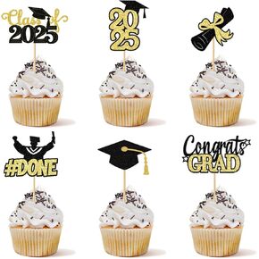 فئة 2025 تخرج كب كيك توبر - احتفل بيوم التخرج مع Tindobewan Glitter Congrats Grad Cupcake يختار الزخارف (24 ٪ ، أسود مع الذهب) S1