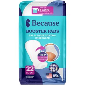 Because Premium Incontinence Booster Pads for Men and Women, Adds Extra Absorbency to Adult Diapers, Super Soft, Adhesive Strip Backing, Unisex, 20 Boosters