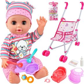 دمية Baby مع مجموعة هدايا عربة ، 14 '' 'Dollistic Doll with Baby Doll Association PlaySet - تشمل عربة دمى قابلة للطي ، مجموعة التغذية ، ملابس دمى الطفل ، ألعاب اللعب الصغار لمدة 1-3