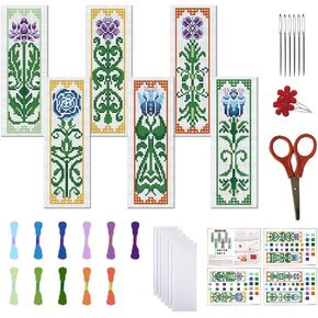 FREEBLOSS 6 Set Flowers Cross Stitch Bookmark Kits DIY Bookmarks Cross Stitch Kits Stamped Embroidery Bookmarks for Beginners Cross Stitch Projects for Book Lovers Embroidery Stitches Kit