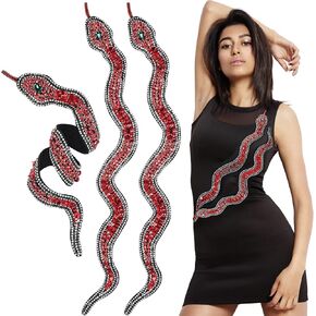 3PCS 20" Large Red Snake Rhinestone Applique Patches, Sequin Snake Applique, Glitter Rhinestone Red Snake Trim Ribbon Snake Clothing Patch, Sparkle Sequin Patches for DIY Clothing Accessory Outfit Bag