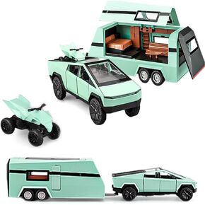 1/32 Pickup Trailer RV Model Kit ، لعبة شاحنة صغيرة على الطرق الوعرة مع دراجة نارية وشاحنات ومقطورة مع تساقط الضوء الصوتي ، وسبائك سيارات سيارات السيارات للبالغين البالغين