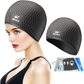 Large Swimming Cap Durable Silicone Waterproof Swimming Cap Best for Long Hair and Thick Braids Keep Hair Dry Swimming Cap with Ear Plugs Nose Clip Set (Black)