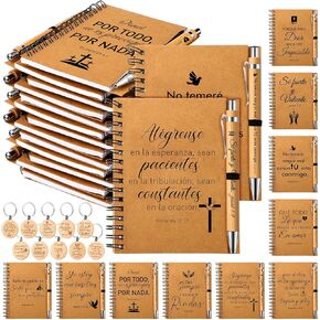 180 Pcs Employee Appreciation Gifts Christian Gifts Bulk Spiral Religious Notebook Spanish Inspirational Kraft Notebooks with Bible Verse Pens and Keychains for Sunday Church(Thank You)