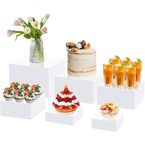 BINBE Acrylic Risers for Display,White Acrylic Cube Box Dessert Display Stand with Hollow Bottoms 4 Different Size Acrylic Product Display Risers for Party Decor (White(7,8,9,10)" x 1Set)