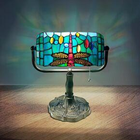 مصباح مصرفي مصرفي زجاجي ملون على طراز Dragonfly مع قاعدة راتنجات عاكس للتصميم الطويلة بحجم 10.5 بوصة لزينة منزل غرفة المعيش