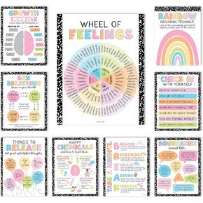 9 Mental Health Posters For Classroom - 11x14" School Counselor Office Decor, Power of Yet & Growth Mindset Poster, School Counseling Posters Elementary - Pastel Classroom Decor