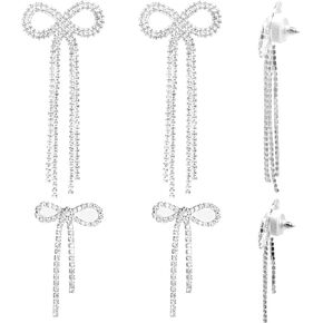 2 Pairs of Bow Rhinestone Dangle Earrings Silver Bowtie Tassels Ribbon Diamond Chain Drop Earring Studs Dangling for Women Bridal DIY Earrings Findings Wedding Prom Gift