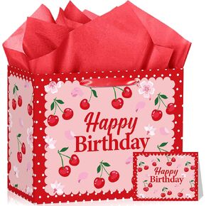 Cherry Birthday Party Gift Bag, Coquette Cherry Wrapping Bag with Tissue Paper and Card Flower Fruit Themed Wrapping Paper for Girls Kids Teens Baby Shower Women Birthday Party Favors