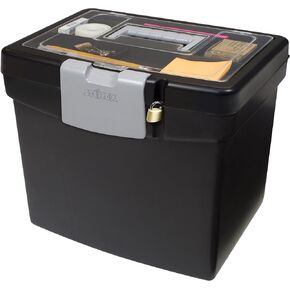 Storex Portable File Storage Box with Translucent Organizer Storage Lid- Plastic Office File Storage Box for Letter Paper and Hanging Folders, Black, Model Number: 61504A01C