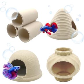 4pcs إكسسوارات خزان الأسماك Betta ، كهوف مخبأ الأسماك من أجل السمك للروبيان السلطعون للتكاثر والراحة واللعب ، بدون طلاء ، نفق ثلاثي من السيراميك الطبيعي ، جرة المثلث ، الفانوس والكهف