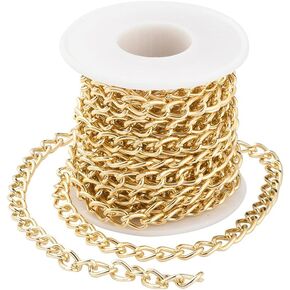 A Roll of Gold 16.4 Feet/5 Meters Aluminium Curb Chains Necklace Chain Twisted Links Cross Chain with Spool for Bracelet Necklace DIY Jewelry Making Accessories (Gold)
