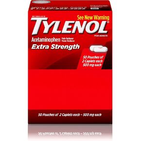 Tylenol Extra Strength Caplets with 500 mg Acetaminophen, Pain Reliever and Fever Reducer for Headache, Backache & Menstrual Pain Relief, 2-Caplet Pouches, 50 Count