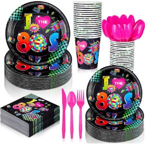 Yungyan 252 PCS Retro 80s Plates and Fedical Set I Love the 1980s Party Decorations Back to The 80s Napkins Cups Knives Forks Forks Forks 1980s Neon Party Table Supplies