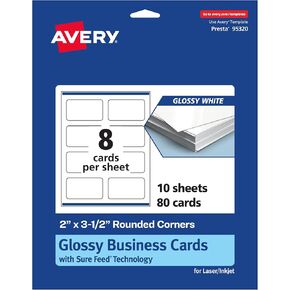 Avery Rectlable Rectangle Corner Business Cards مع تقنية التغذية المؤكدة ، 2 "× 3-1/2" ، بطاقة أبيض لامعة ، طباعة إلى الحافة ، ليزر/حبر ، 200 إجمالي