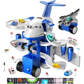 TEMI Kids Airplane Boy Toys for 3 4 5 Year Old Boys - Car Race Track for Kids Ages 3-5 with 8 Mini Car Toys, Toddlers Educational Toy, Birthday Gifts for Boys 3-5, Birthday Gift for Boys Girls 3-5