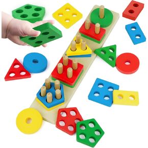Wooden Toddler Puzzles for 1 2 3 4 Year Old, Color Shape Sorter and Stacking Matching Educational Learning Toys Preschool Educational Sensory Puzzles Classroom Christmas Birthday Easter Gifts