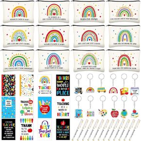 Yeaqee 48 Pcs Teacher Appreciation Gifts Set Include 12 Canvas Makeup Bag Cosmetic Pouch 12 Ballpoint Pens 12 Keychains 12 Journal Notebook for Women Teacher Week Gifts(Rainbow Style)