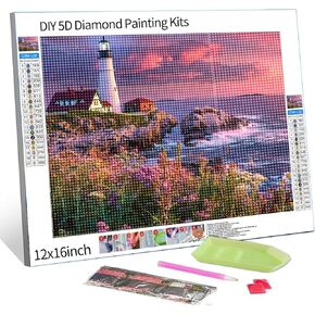 Lighthouse Light Up Diamond Painting DIY 5D ، مجموعة الرقم ، Seascape American Wall Art Crystal Rhinestone Painting Tropical Ocean Paintwork Decord Home Convers (12''Wx 16'H)