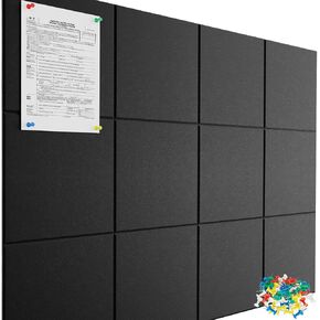 Large Cork Board for Wall 47"x 35", 12 Pack Black Bulletin Board, Felt Wall Tiles with 72 Safe Removable Adhesive Tabs, 60 Push Pins, Cork Boards for Home Office Pin Board Tack Board