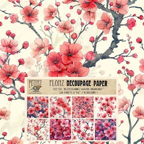Decoupage Paper Pack (24 Sheets 6"x6") Blossoming Sakura Branches: Vibrant Cherry Blossom Patterns for Elegant and Artistic Design Projects # Vintage Styled Paper for Craft and Scrapbooking