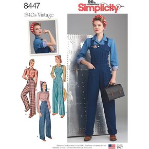 Simplicity Pattern 8447 H5 Misses' 1940s Vintage Pants, Overalls and Blouses, Size 6-8-10-12-14