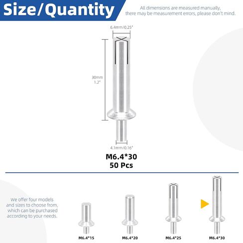 Glarks 100pcs M6.4 x 15MM/20MM/25MM/30MM Flat Countersunk Aluminum Core Rivets 4 Sizes Knock Type Expansion Aluminum Rivets with Pan Head Aluminum Core Rivets Hammer Drive Rivets in Saudi Arabia