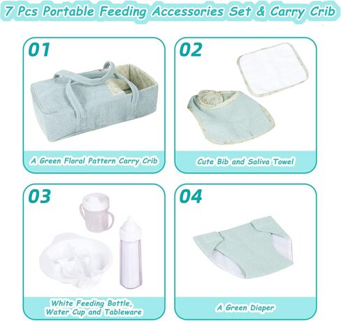 Doll Carrier Doll Carry COT CRIP مجموعة مع أواني التغذية التغذية وتغيير الملحقات 7 قطع ، تناسب 16 "دمى الفتاة الأمريكية in Kuwait