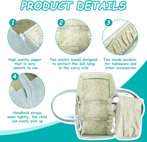 Doll Carrier Doll Carry COT CRIP مجموعة مع أواني التغذية التغذية وتغيير الملحقات 7 قطع ، تناسب 16 "دمى الفتاة الأمريكية in Kuwait