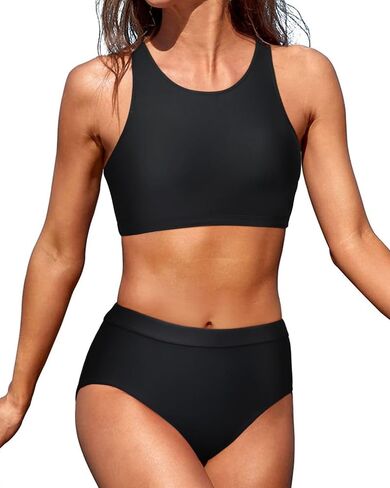 Tempt Me Women High Waisted Bikini Two Piece Swimsuits High Neck Crop Top Racerback Sporty Bathing Suits for Teen Girls in Kuwait